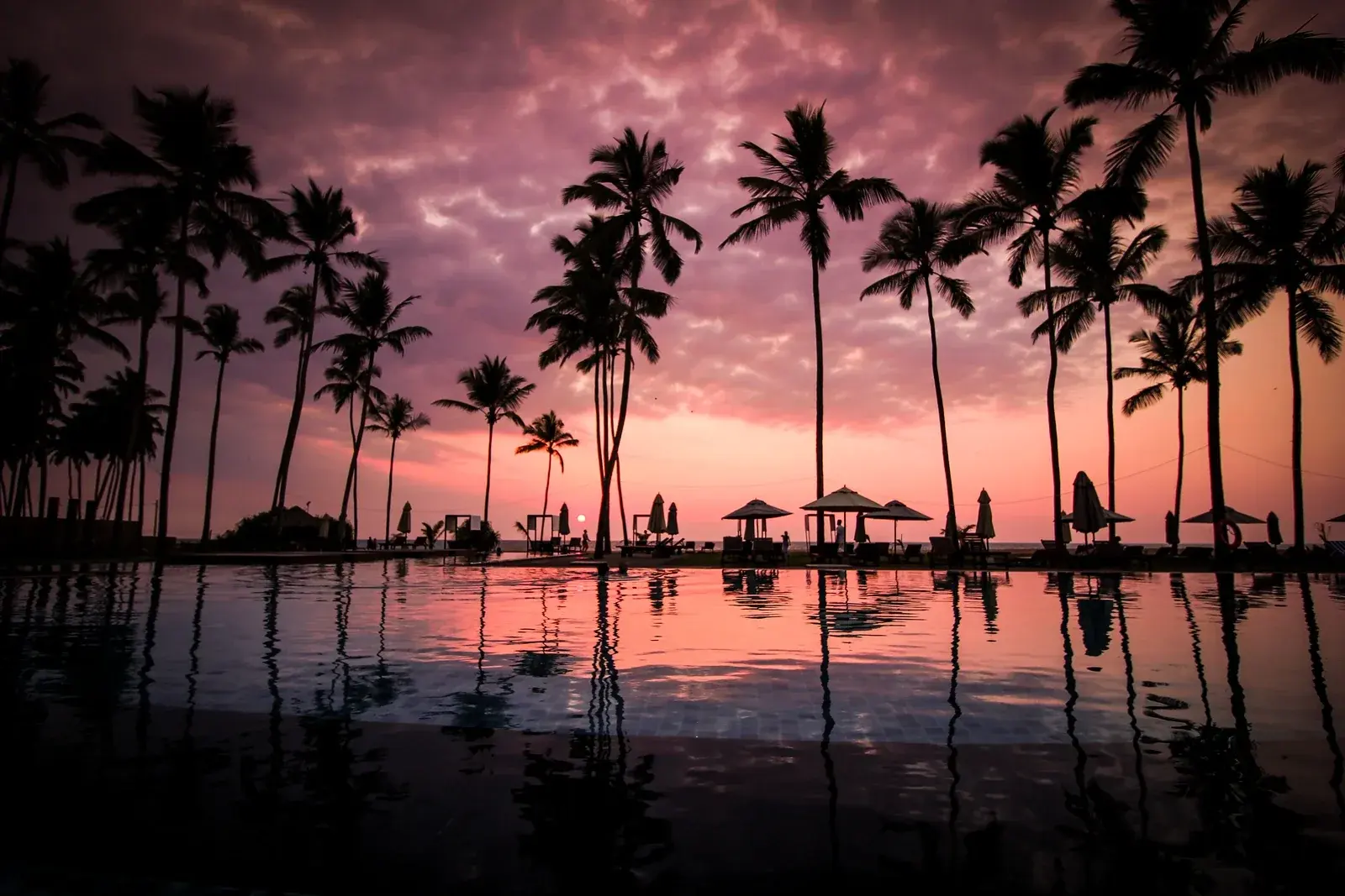 Palm trees and beach parasols silhouetted against a pink sunset, mirrored in a resort infinity pool