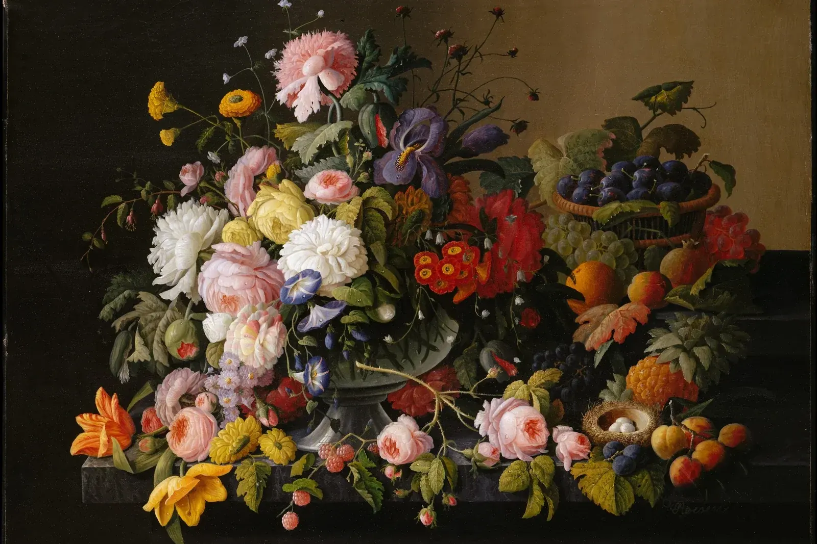 A nineteenth-century oil still life of peonies, roses, irises and tulips in a glass bowl beside plums, grapes and a bird's nest on a marble ledge