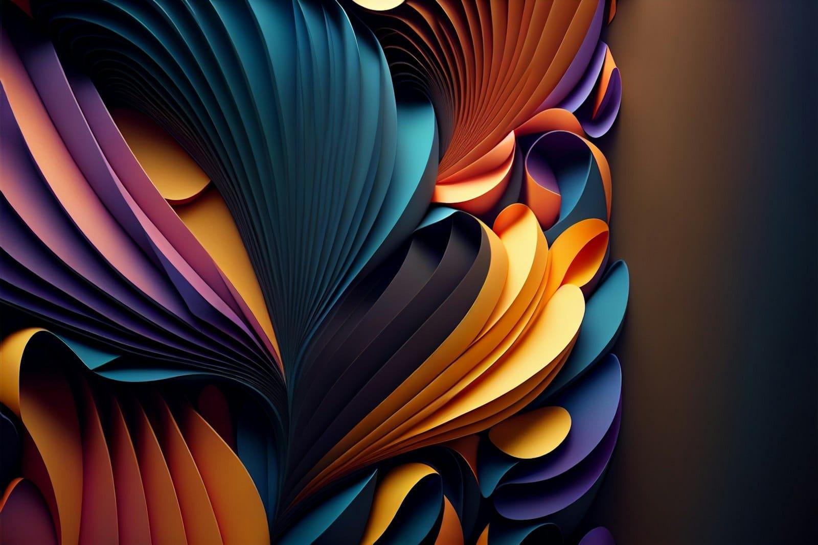 An abstract render of layered paper fans in teal, orange, purple and gold