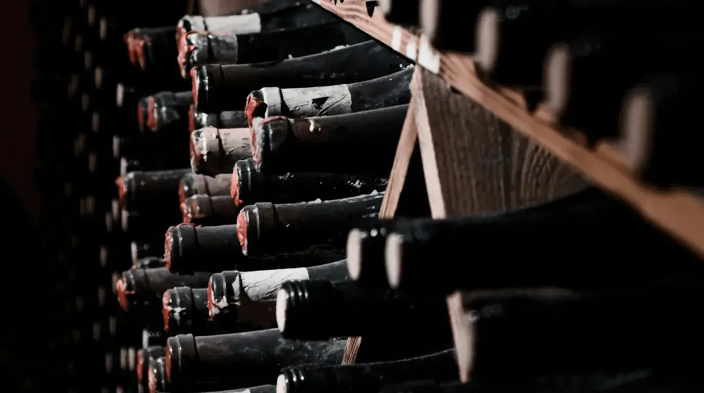 Wax-sealed bottles binned on their sides in a dark cellar rack